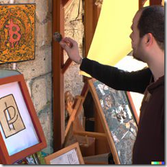 DALL·E 2023-03-18 12.23.45 - A meidival marketplace full of people trading bitcoin painting